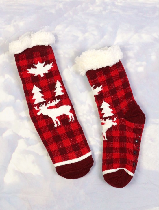 Reindeer Theme Plaid Indoor Anti-Skid Slipper Socks